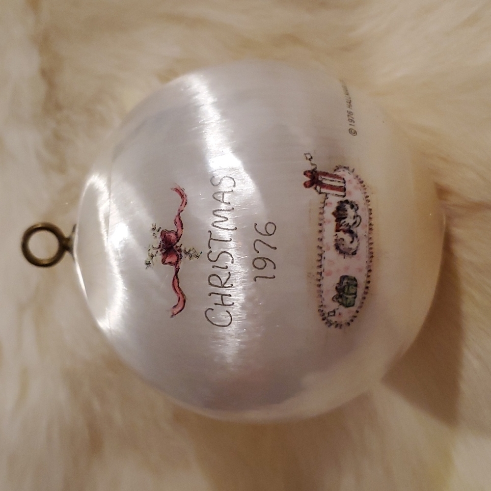 BETSEY CLARK Hallmark Christmas Ornament satin ball 1976 girl cat by wood stove